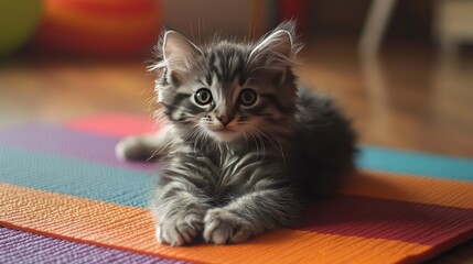 A playful kitten resting on a yoga mat, its fur soft and fluffy, with the colors of the mat contrasting beautifully with its adorable features