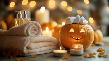 A pumpkin with a relaxed expression and a towel wrapped around its head, sitting next to skincare products like face masks, oils, and serums. The background includes candles, pumpk