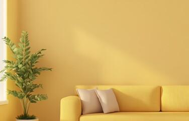 Poster - Minimalist living room with yellow sofa, plant, and sunlight streaming through the window.