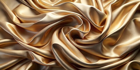 Wall Mural - Golden satin draped in a swirling pattern, showcasing the soft, luxurious texture and the subtle shimmer of its surface.