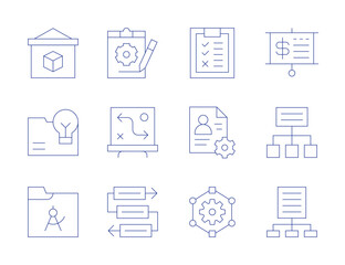 Project icons. Thin Line style, editable stroke. check list, development, gear, presentation, project, research, strategy, workflow