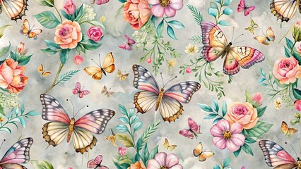 Wall Mural - A Delicate Watercolor Tapestry of Blooming Roses and Flitting Butterflies on a Soft Grey Background