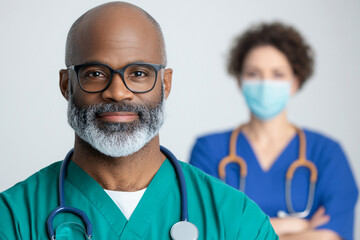 Two doctors are standing next to each other, one of them wearing a mask