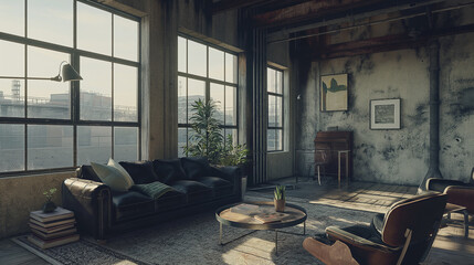 Industrial loft-style living room with exposed concrete walls, metal furniture, and large windows, complemented by minimalist decor and a dark leather sofa.