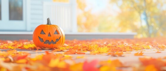 Canvas Print - Jack-o'-lantern on a bed of autumn leaves.