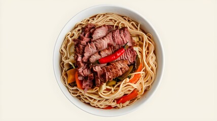 Noodles with meat and vegetables isolated on white background, top view