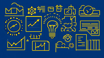 Sticker - A blue background with yellow outline icons representing business and financial ideas, such as a lightbulb for ideas, a clock for time management, and a graph for growth.