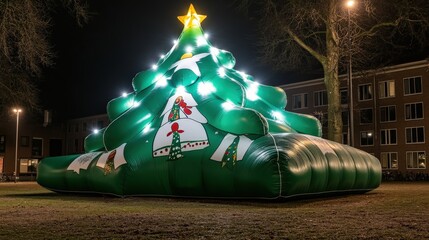 A large inflatable Christmas tree illuminated at night, creating a festive atmosphere in a public park.