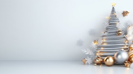 A stylish, minimalistic Christmas tree adorned with silver and gold ornaments, surrounded by soft white decorations on a light background.