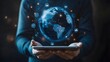 © Farid - Man holding virtual globe with marketing network connecting icons on tablet. Innovation technology develop sustainable future service and smart solution in global business.