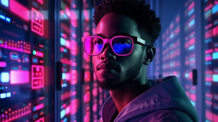 Fototapete - A young person with trendy glasses poses confidently amidst rows of illuminated servers, highlighting the dynamic atmosphere of a cutting-edge data center.