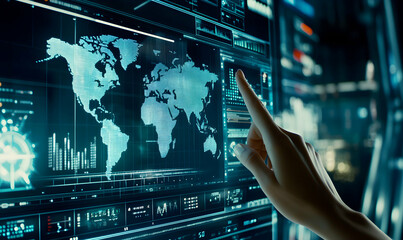 Canvas Print - A hand points at a world map displayed on a large screen in a server room, illustrating the concept of global connectivity and data analysis.