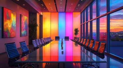 Wall Mural - A modern conference room with large windows overlooking a city skyline at sunset. The room is decorated with colorful artwork and a glass table.