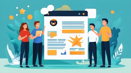 Business Team Presenting Website Design with Checkmarks and Stars