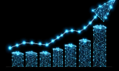 Wall Mural - A blue glowing line chart showing upward growth, made of connected dots.