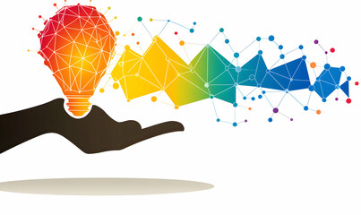 Poster - A hand holding a glowing light bulb made of colorful geometric shapes, symbolizing the power of ideas.