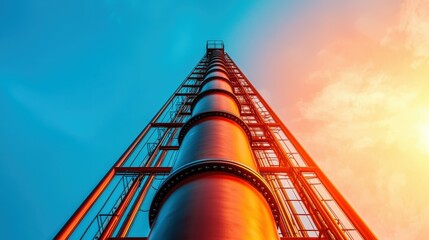 Exploring the majestic structure of an industrial tower under a vibrant sky at sunset for architectural appreciation