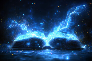 Open book in wireframe style with electric blue lightning on a dark blue background, creating a dynamic and futuristic effect.
