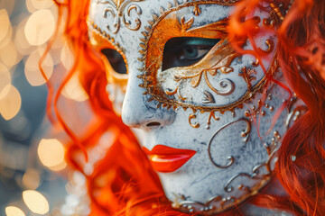 Beautiful Venetian carnival mask with red hair, close up