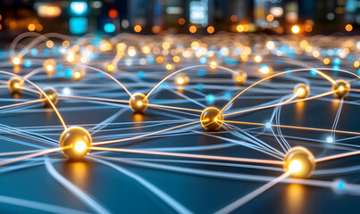 Poster - Abstract 3D rendering of a network of glowing orbs connected by lines, symbolizing the interconnectedness of technology and data.