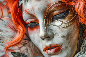 Beautiful Venetian carnival mask with red hair, close up