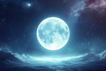 surreal giant blue moon shining over space mountains in starry night sky background for astronomy pl