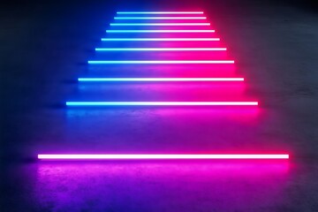 Geometric pink and blue neon lights path glowing on concrete floor background for futuristic and modern design