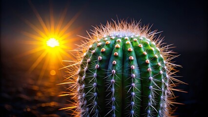 A vibrant cactus basking in the golden glow of a setting sun, its prickly exterior radiating resilience and strength.