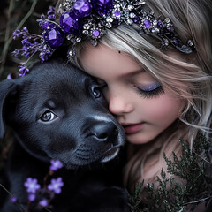 girl and a black staffy puppy