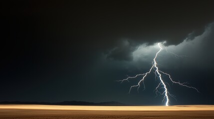 Wall Mural - lightning bolt strikes the ground in a desolate, empty field. the sky is dark and stormy, and the li