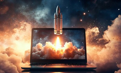 
A laptop on a table with a rocket emerging from the screen, surrounded by orange sparks, set against a modern home interior background,