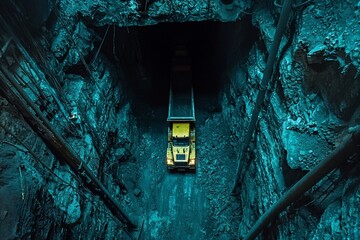 A yellow mining truck drives through a dark tunnel in a mine.