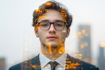 Canvas Print - A man wearing glasses and a suit is standing in front of a city skyline