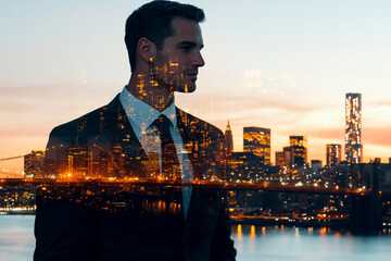 Poster - A man in a suit stands in front of a city skyline