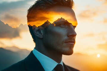 Wall Mural - A man with a beard and a tie is standing in front of a mountain range