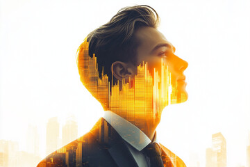 Wall Mural - A man in a suit is standing in front of a city skyline