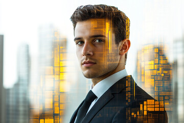 Wall Mural - A man in a suit is standing in front of a city skyline