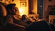 © Sinechana - 2408 50.A detailed image of a father sitting comfortably in an armchair, gazing at his newborn who is fast asleep. The soft, warm lighting in the room highlights the peaceful connection between the