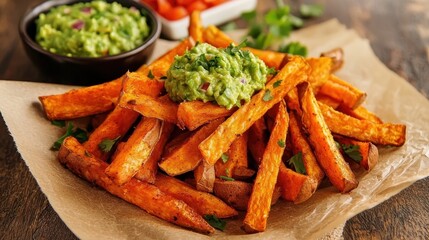 Crispy sweet potato fries topped with fresh guacamole, served with a side of tomatoes, on a rustic wooden surface.