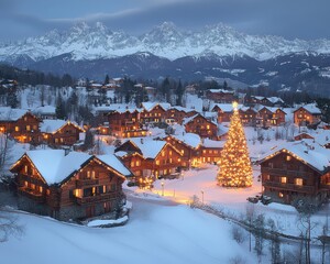 Christmas village winter wonderland, snowy mountains backdrop, illuminated homes, festive holiday tree, cozy cabins, Alpine serene scenic landscape picturesque