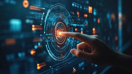 Hand touching complex circular diagram on virtual screen with technology abstract Background,