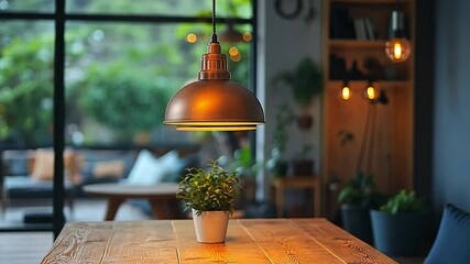 Aufkleber - This decorative hanging lamp illuminates a potted plant on a wooden table in a stylish space.