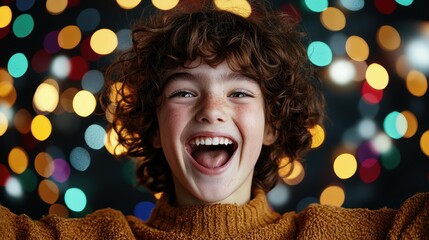 Poster - joyful child with curly hair laughing in front of colorful lights