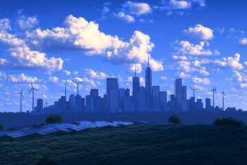 Futuristic City Skyline with Wind Turbines and Solar Panels