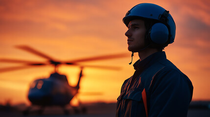 A helicopter pilot stands in profile against a breathtaking sunset, showcasing determination and readiness for the mission ahead.