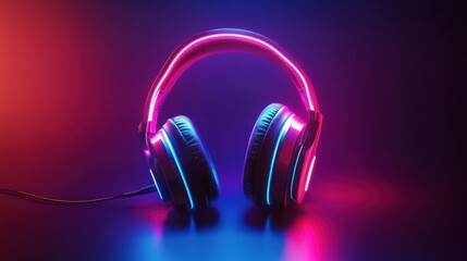 Neon glowing headphones on a dark background with electro house music vibes, AI generated image