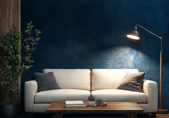 A white couch with two pillows sits in front of a dark blue wall. A wooden coffee table is in front of the couch, with books and plants on it. A floor lamp illuminates the scene from the left.