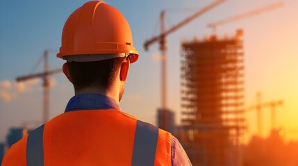 Construction Engineer Overseeing the Building of a Modern Skyscraper with Cranes and Scaffolding