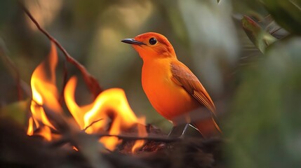 Poster - Orange Bird Perched on a Branch with Flames in the Background.