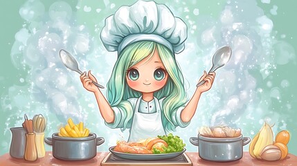 Sticker - Cute Anime Chef Girl Cooking with Steam and Spoons.